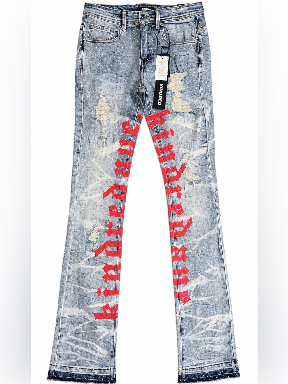 Kindred Rhinestone Distressed Flare Jeans Men’s 30x36 Smoke Blue NWT